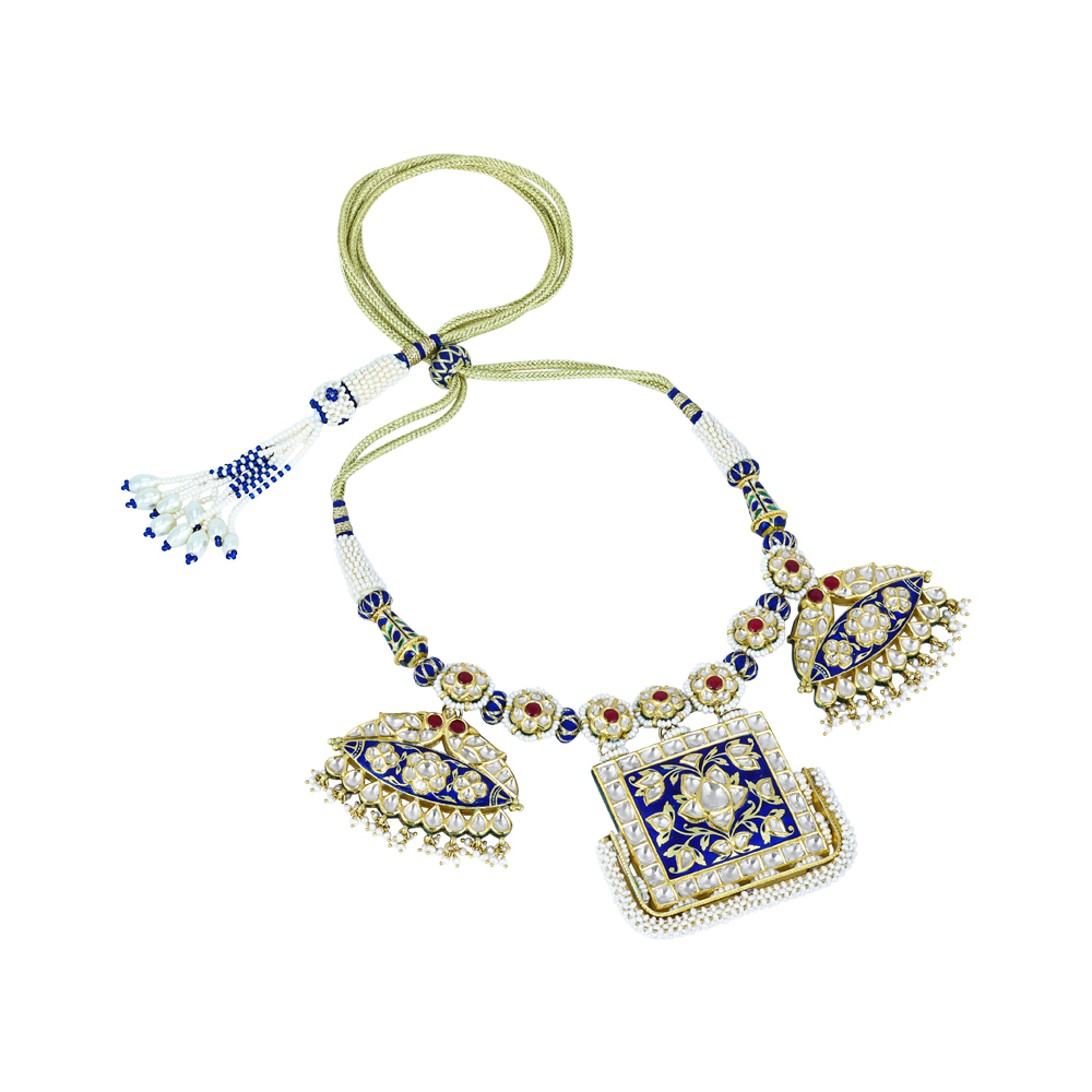 Blue Enamel Pankhi Polki Pendant Necklace